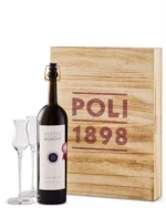 Trææske med Poli Grappa di Sassicaia og to håndblæste krystalglas